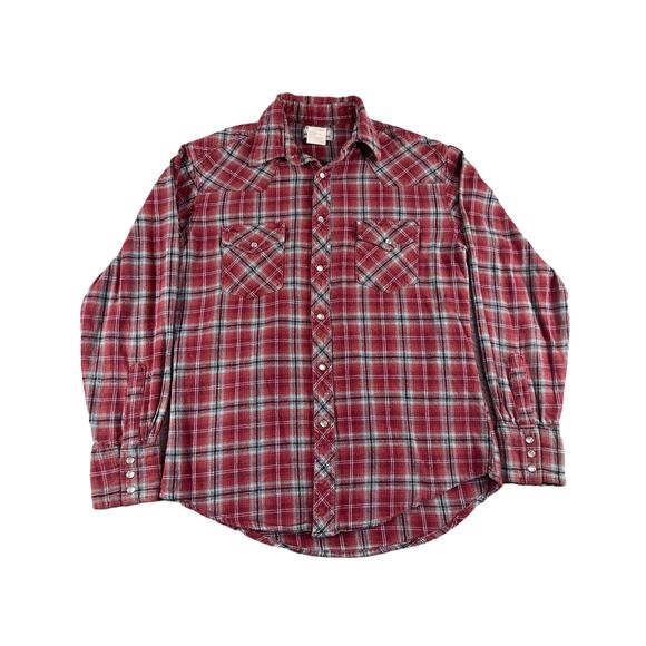Wrangler Shirt Mens Medium Red Plaid Wrancher Pearl Snap Western Outdoor Work - Picture 1 of 11